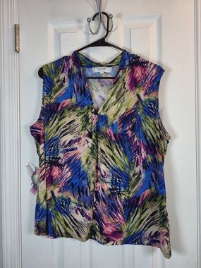 Jones Studio Abstract Brushstroke Print V-Neck Sleeveless Blouse Multi-Color XL